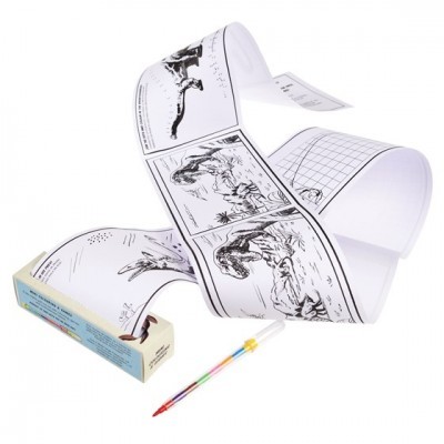 Rolo de papel com desenhos de dinossauros e caneta colorida