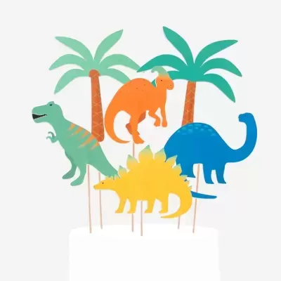 Toppers para bolo com dinossauros e palmeiras coloridas em papel