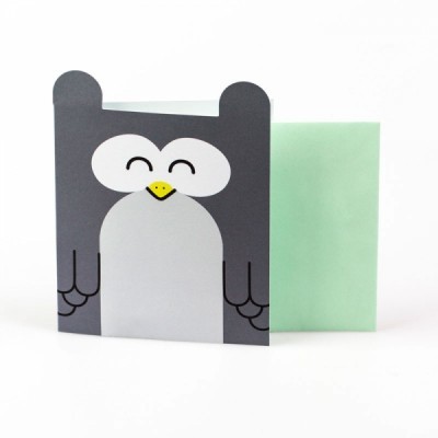 Cartão ou envelope com desenho de coruja sorridente e envelope verde claro