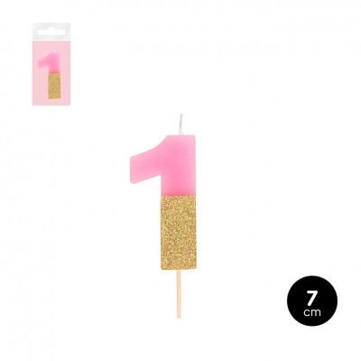 Vela de aniversário em forma de número 1 rosa e dourado brilhante com palito de madeira