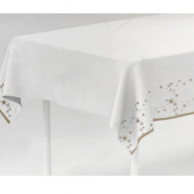 Toalha de mesa branca com estrelas douradas na borda