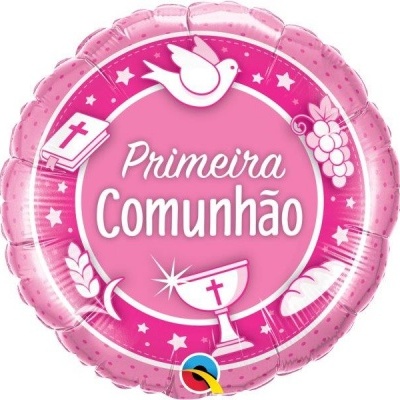 Balão cor-de-rosa decorado com símbolos religiosos e texto 'Primeira Comunhão'