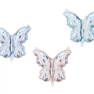 Balões de borboleta brilhantes em prateado, azul claro e rosa claro