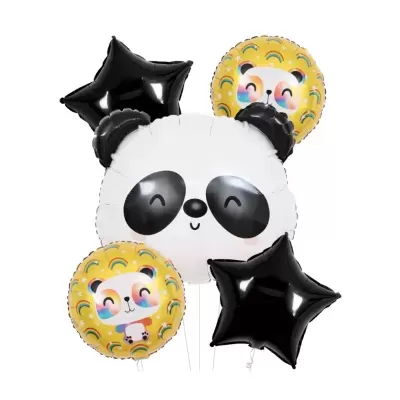 Conjunto de balões de festa com panda e estrelas pretas