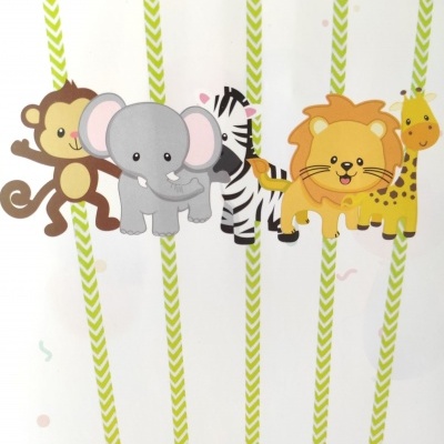 Desenho de animais animados lado a lado com listas amarelas verticais no fundo branco.