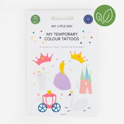 Embalagem de tatuagens temporárias coloridas com desenhos de princesa, carruagem e castelo