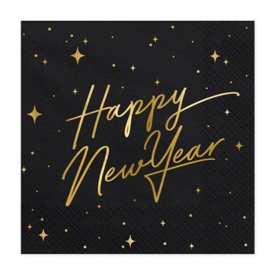 Guardanapo preto com texto dourado 'Happy New Year' e estrelas douradas