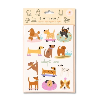 Estampas termocolantes com cães coloridos e texto Adopt me