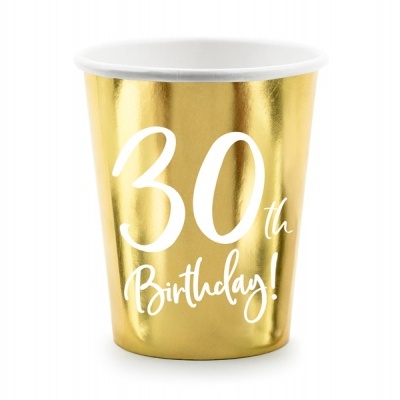 Copo descartável dourado com texto 30th Birthday