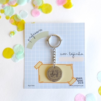 Chaveiro redondo em aço inox com ilustração, em cartão azul com padrão de grelha e texto relacionado a professoras.