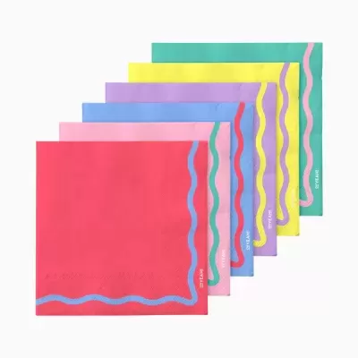 Guardanapos de papel coloridos com padrão de ondas e texto SE YEAH