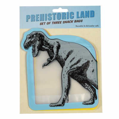 Sacos para snacks com desenho de dinossauro e texto PREHISTORIC LAND