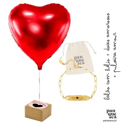 Kit com balão de coração vermelho, pulseira dourada e saco branco com logo panqueca