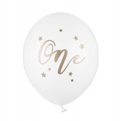 Balão branco com texto 'One' em dourado e estrelas.