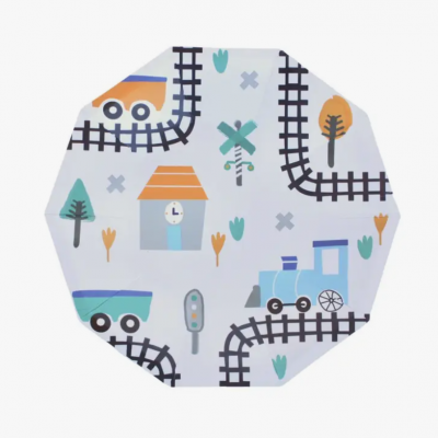 Tecido redondo com padrão infantil de comboio e carris