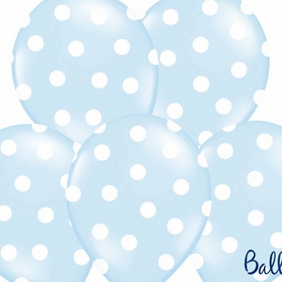 Cinco balões azuis claros com bolinhas brancas e texto 'Balloons STRONG'