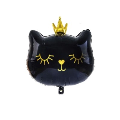 Balão metálico em forma de cabeça de gato preto com coroa dourada
