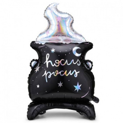 Balão metálico formato caldeirão preto com escrita hocus pocus