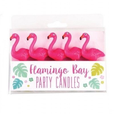 Cinco velas de festa em forma de flamingos cor-de-rosa em embalagem