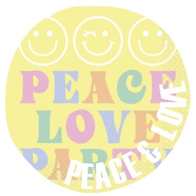 Guardanapo redondo amarelo com texto 'PEACE LOVE PARTY' e três carinhas sorridentes brancas