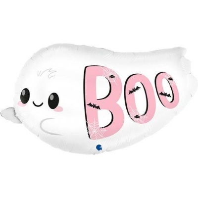 Balão fantasma branco com texto BOO cor-de-rosa