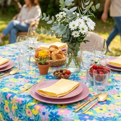 Mesa ao ar livre com toalha florada, pratos rosa, guardanapos amarelos, talheres dourados e flores brancas no jarro.
