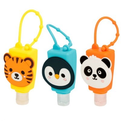 Frascos coloridos para gel desinfetante com desenhos de tigre, pinguim e panda