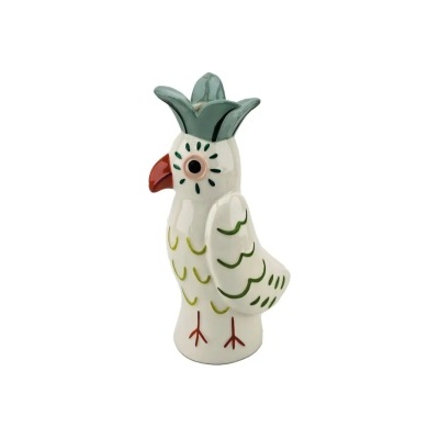 Estatueta de cerâmica de pássaro branco com bico vermelho e coroa azul esverdeada