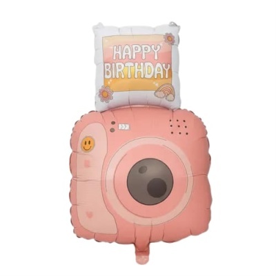 Balão em formato de máquina fotográfica rosa com balão HAPPY BIRTHDAY acima