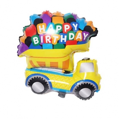 Balão em forma de carrinha amarela com carga colorida e texto HAPPY BIRTHDAY