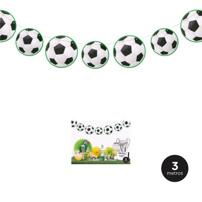 Guirlanda decorativa com bolas de futebol preta e branca de 3 metros