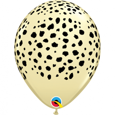 Balão amarelo com manchas pretas e etiqueta colorida na base