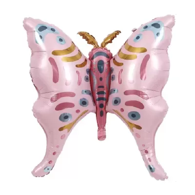 Balão metalizado rosa em forma de borboleta com decoração colorida