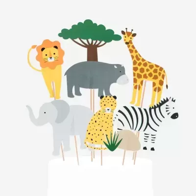 Toppers para bolo com animais da selva e árvore em estilo cartoon colorido