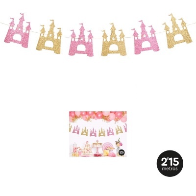 Guirlanda decorativa com castelos cor-de-rosa e dourados para festas