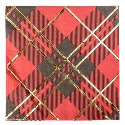 Guardanapo de papel xadrez vermelho e cinza com linhas douradas