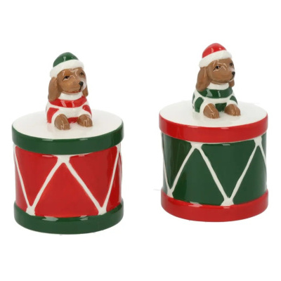 Duas caixas decorativas de cerâmica com cães e padrão de tambor