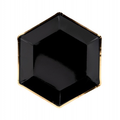 Prato hexagonal preto com bordas douradas
