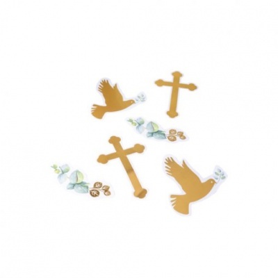 Autocolantes decorativos com pombos dourados, cruzes douradas e ramos de folhas e bagos em branco