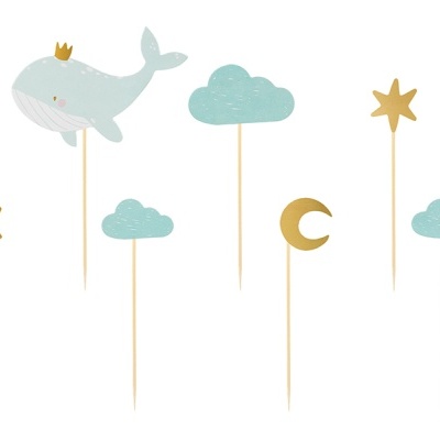 Palitos decorativos para bolos com baleia, estrelas, lua e nuvens