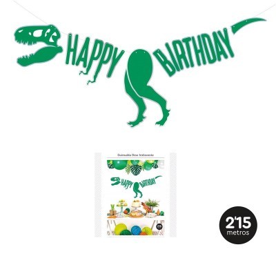 Guirlanda de festa verde em forma de dinossauro com texto Happy Birthday