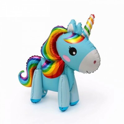 Balão unicórnio azul com crina e chifre coloridos