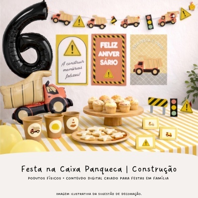 Decoração de festa infantil tema construção com balões, cartazes, copos, cupcakes, bolachas e sinais de trânsito