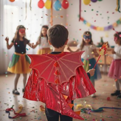 Menino vestido de dragão vermelho com capa e asas em festa infantil colorida