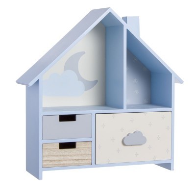 Organizador de casa azul com gavetas cinza, madeira e detalhes de lua e nuvens