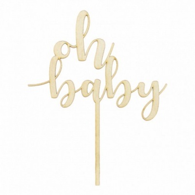 Topper decorativo de madeira com texto 'oh baby'