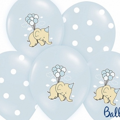 Balões azuis claros com elefante desenhado e balões de bolinhas brancas