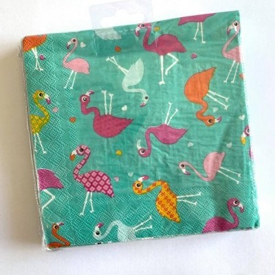 Guardanapo de papel azul-turquesa com flamingos coloridos