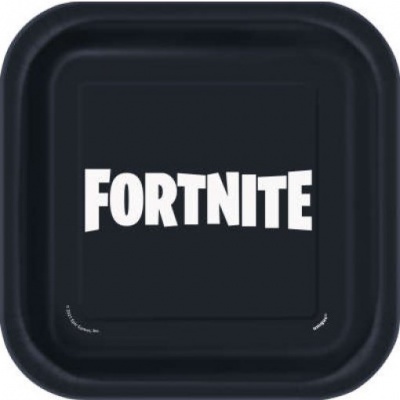 Prato quadrado preto com o logotipo FORTNITE branco no centro