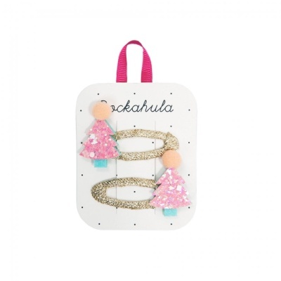 Conjunto ganchos cabelo dourados glitter com árvores Natal rosa em cartão branco